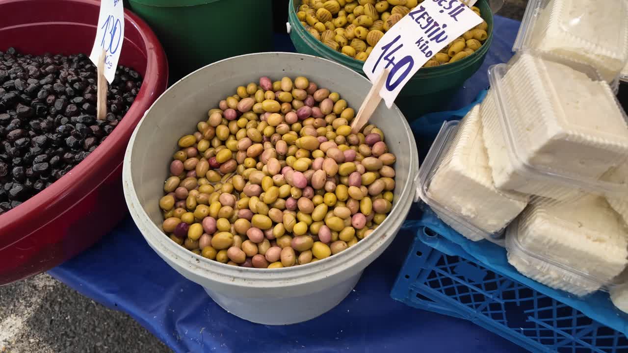 Pickled Olives Displayed at Market