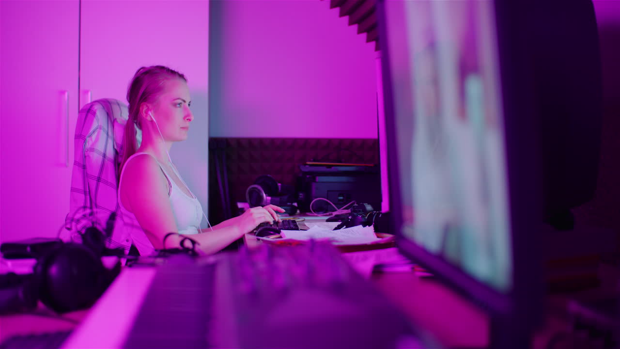 mujer navegando por internet en un smartphone mientras trabaja en una computadora en la oficina de su casa