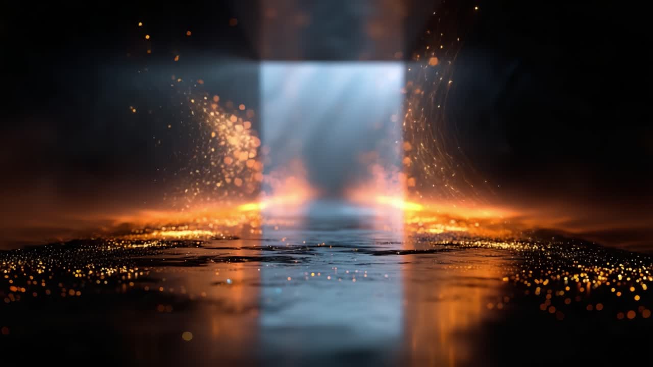 Sentiero etereo di luce ed energia: una transizione scintillante attraverso particelle luccicanti e scintille radiose che si riflettono su una superficie mistica