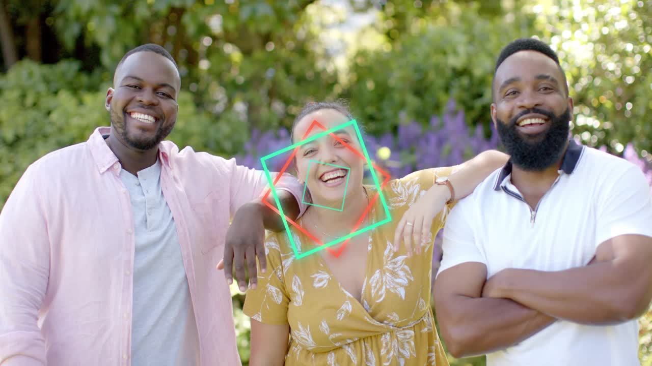 Trio posing in garden on start, man draping arm, diamonds animating over woman's face for promo