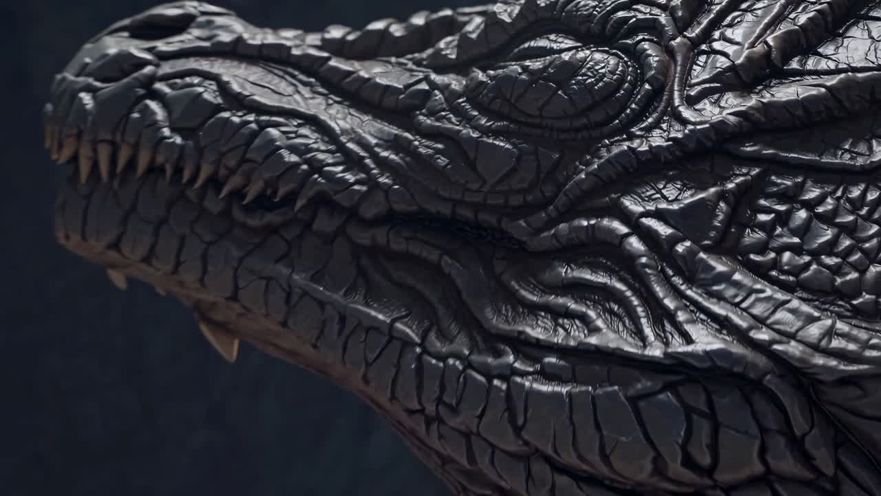 Close-up side angle of a textured dragon head, showcasing intricate scales