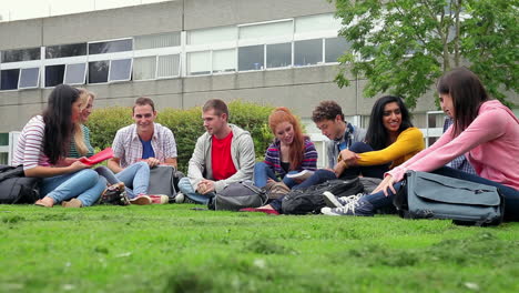 students sitting on the grass together talking