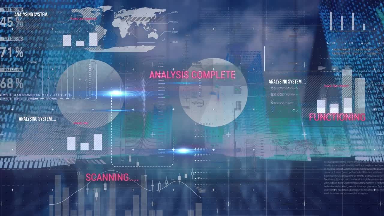 Animation of data processing over cityscape