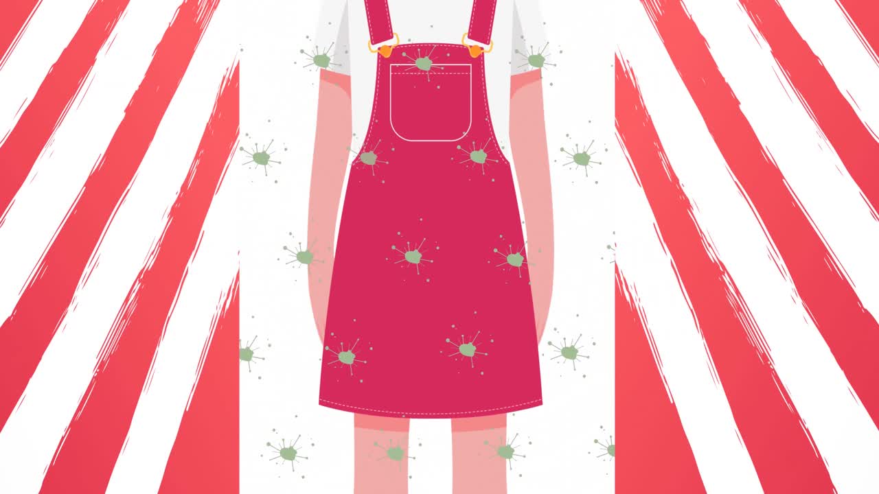 Animation af pige med ansigtsmaske og farverige striber på hvid baggrund