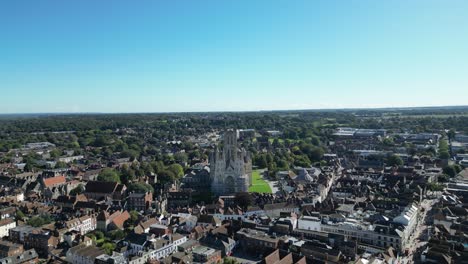 smooth panning aerial movement around the canterbury cathedral and its environment, kent, england.
