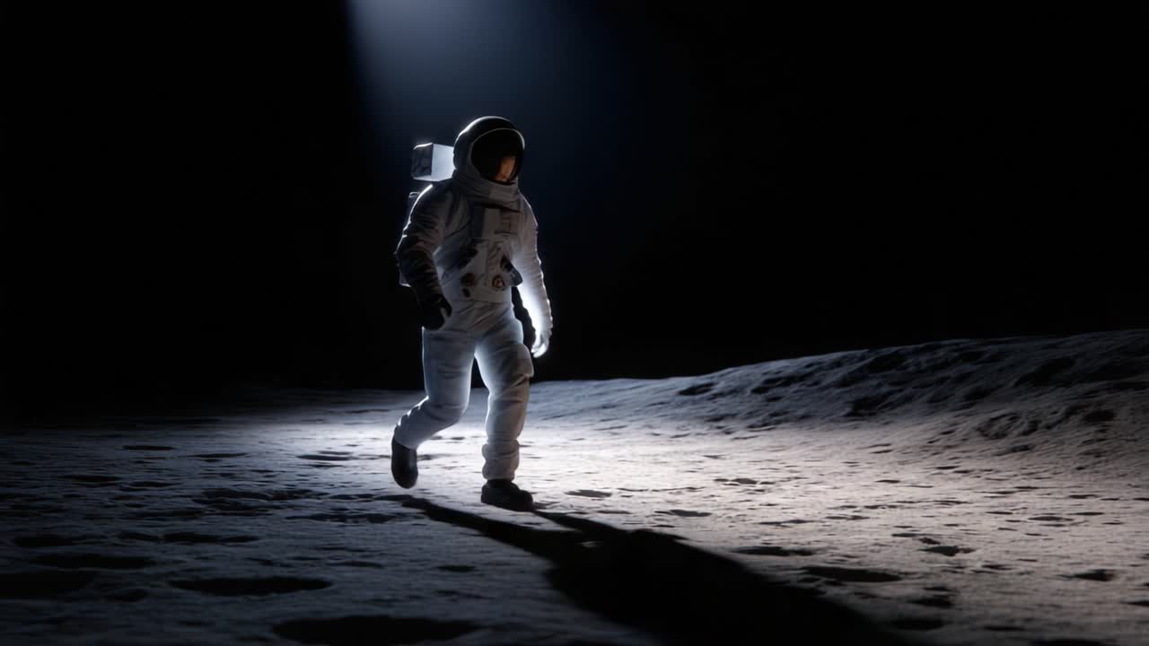 Astronaut geht auf der Mondoberfläche unter einem Lichtstrahl, wobei Schatten dramatisch fallen, was einen ehrfurchtgebietenden Moment der Weltraumforschung darstellt