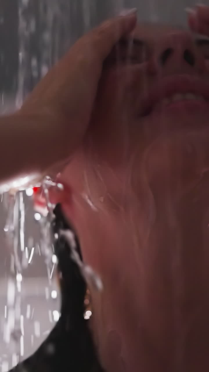 여성은 샤워실의 물 스프레이에서 긴장을 풀고, 눈을 감고 은 머리카락을 가진 예쁜 여자는 욕실에서 상쾌한 스프레이를 즐긴다.