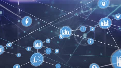 Animation-Von-Punkten,-Diagrammen-Und-GPS-Symbolen,-Die-Mit-Linien-Verbunden-Sind-Und-Sich-Auf-Einem-Abstrakten-Hintergrund-Bewegen