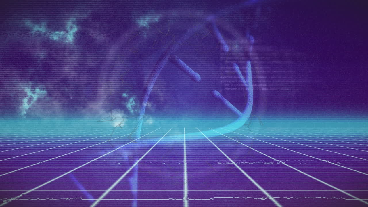 블루그리드, 구름 및 처리 데이터 위에 dna 스트랜드에 대한 클론 텍스트의 애니메이션