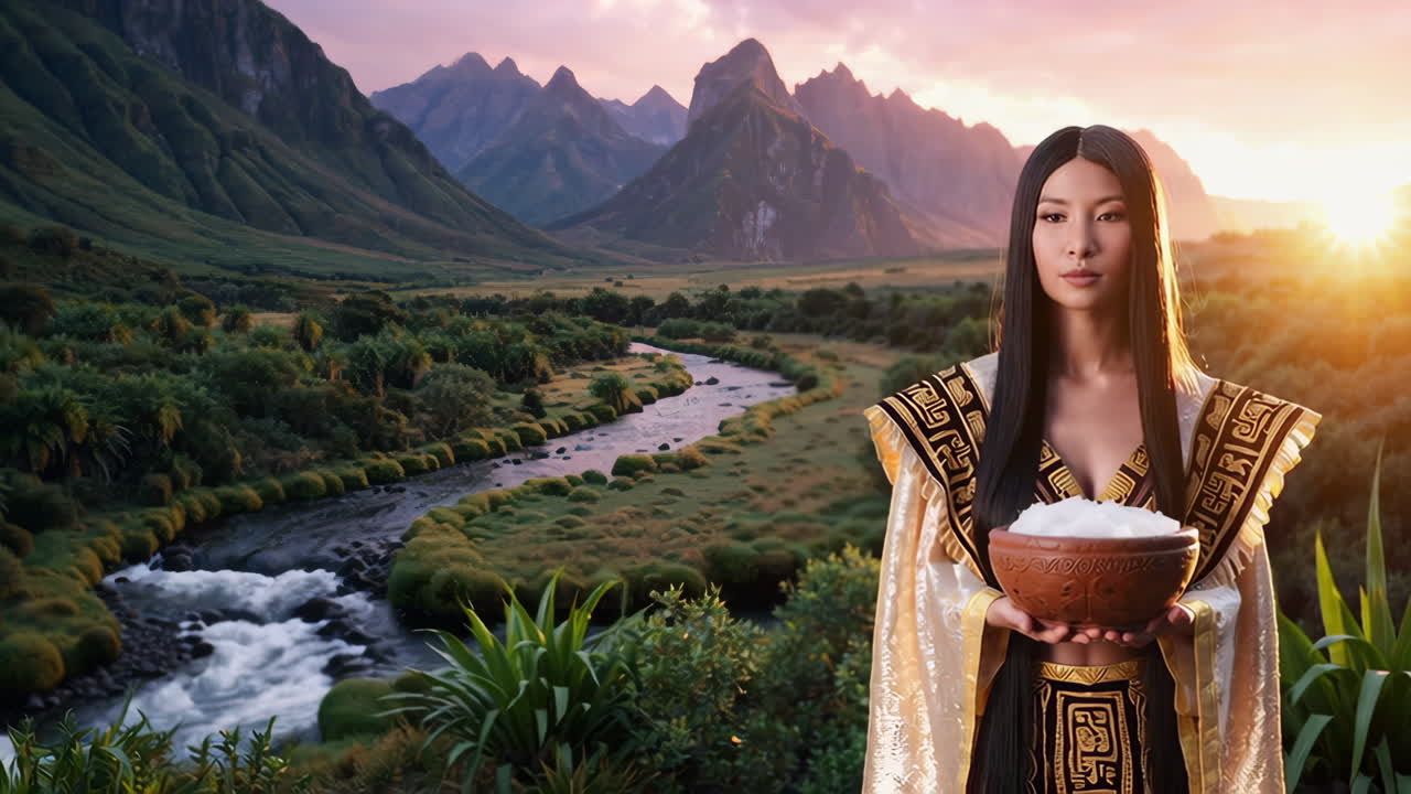 Asian Woman in Traditional Attire Holding a Bowl of Rice in a Scenic Landscape
