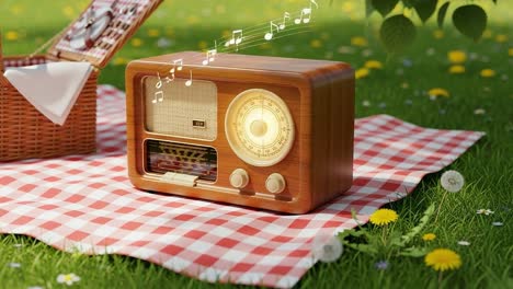 A Vintage Wooden Radio Playing Melodies on a Sunny Picnic Blanket Surrounded by Nature, Flowers, and a Basket Full of Treats, Capturing a Nostalgic Moment