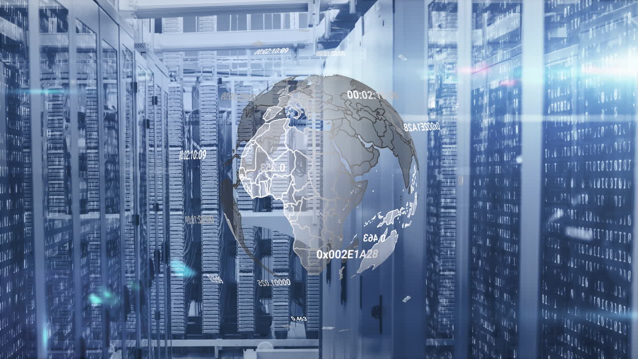 Animation of globe and data processing over computer servers