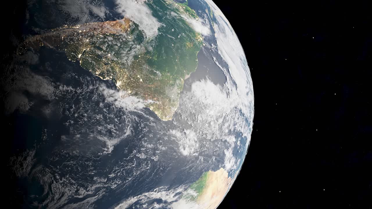 Formación de nubes en la atmósfera sobre Sudamérica, la Tierra desde el espacio en renderizado 3D, vertical.