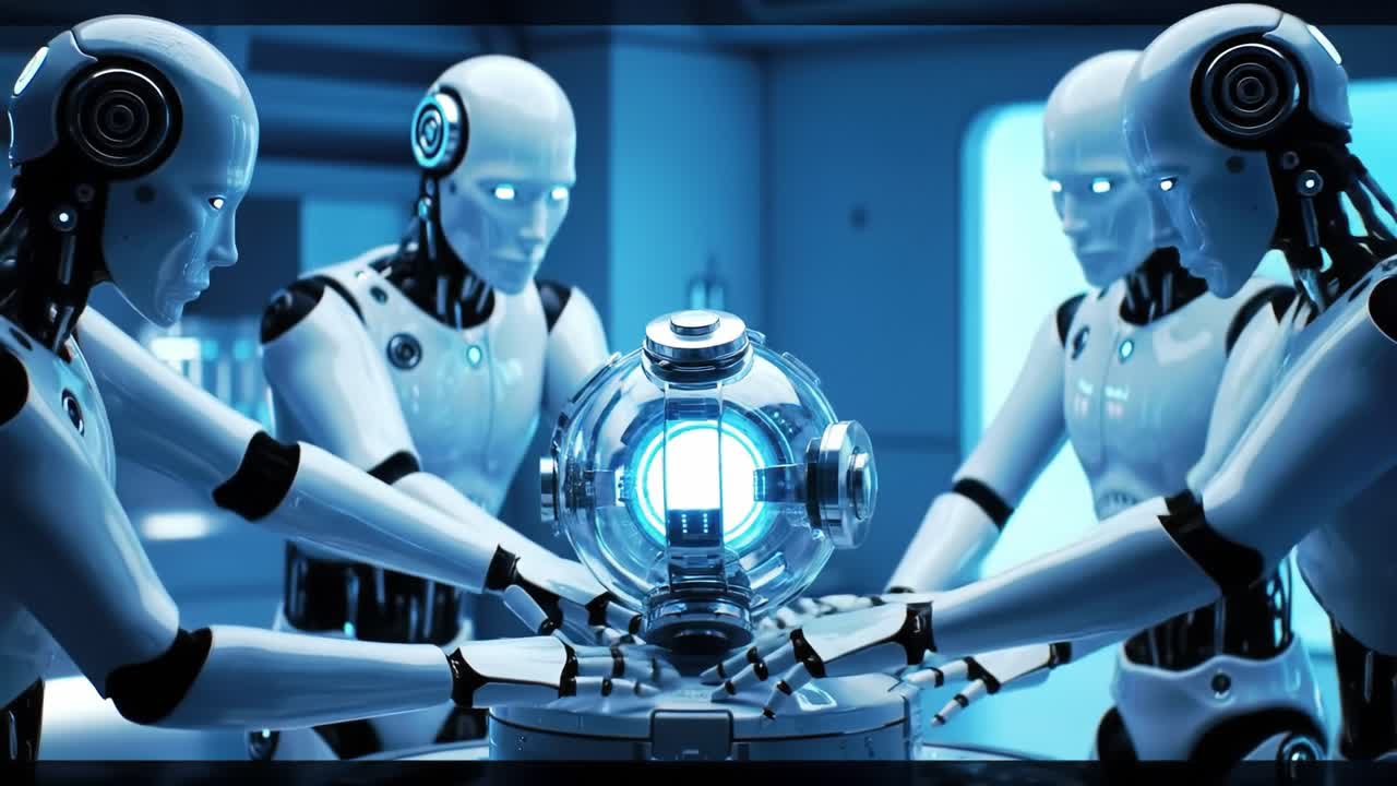 In a high-tech laboratory, multiple humanoid robots gather around a glowing orb, engaging in a coordinated effort to analyze data and enhance their functions.