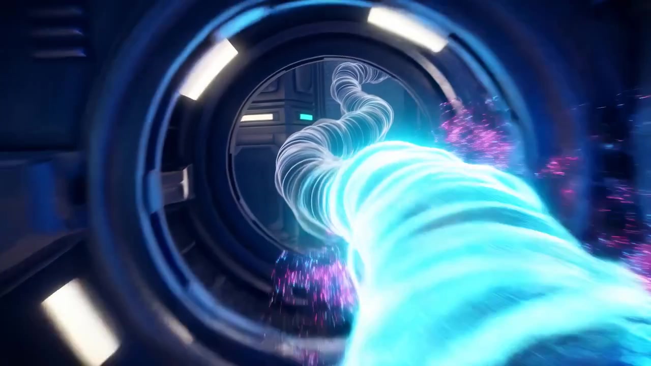 Un flusso di energia blu brillante si muove attraverso un tunnel metallico circolare con anelli luminosi, superfici curve e un'illuminazione fredda e drammatica, creando un senso di profondità