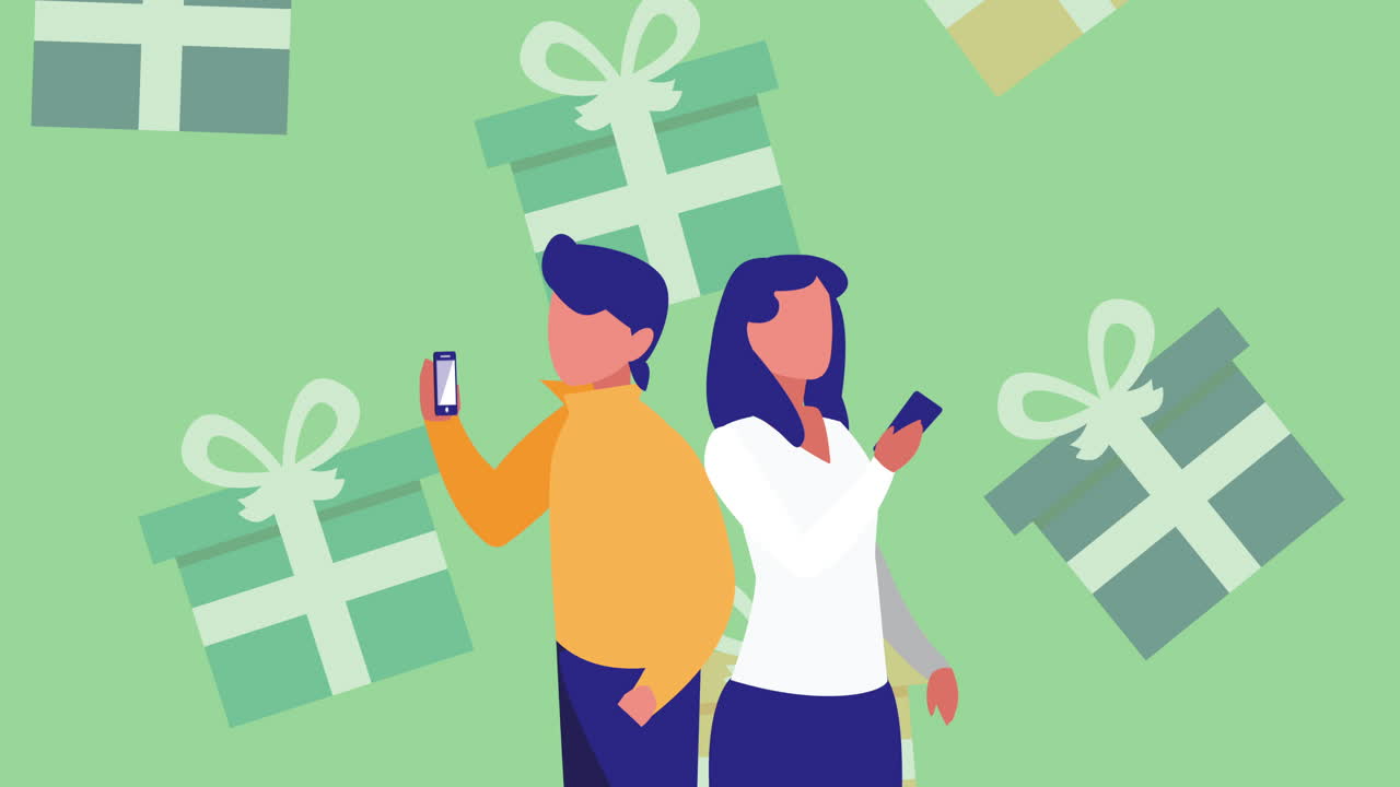 선물 상자를 가진 스마트폰을 사용하는 커플