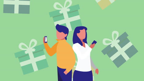pareja usando teléfonos inteligentes con cajas de regalos