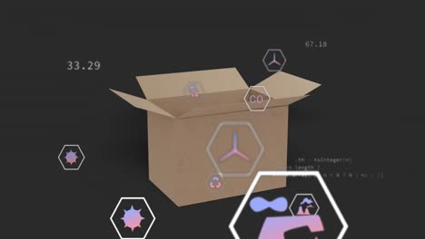 animation of data processing and icons over cardboard box