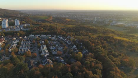 aerial drone footage city in the wood