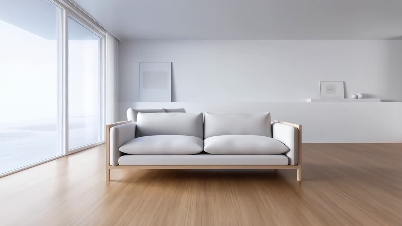 Salotto minimalista con divano bianco e grande finestra