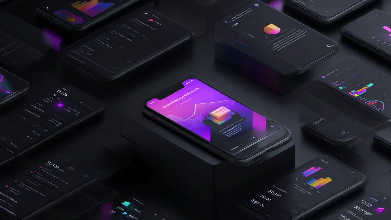 A Stunning Visualization of Modern Mobile Technology: Showcasing Multiple Smartphones with Dynamic Purple and Black Themes, Highlighting User Interfaces and Graphical Data Presentations