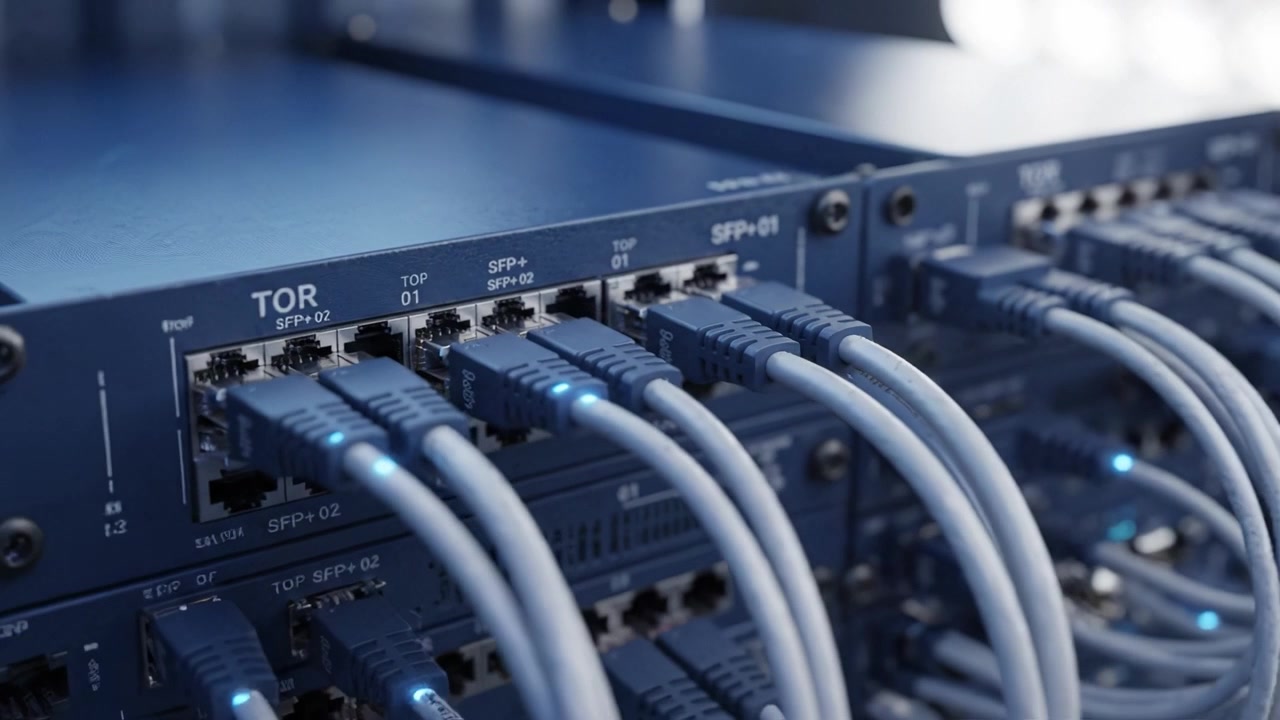 Detailed Close-Up of Data Network Switches Showcasing Multiple Ethernet Connections in a Modern Server Environment with Illuminated Indicators
