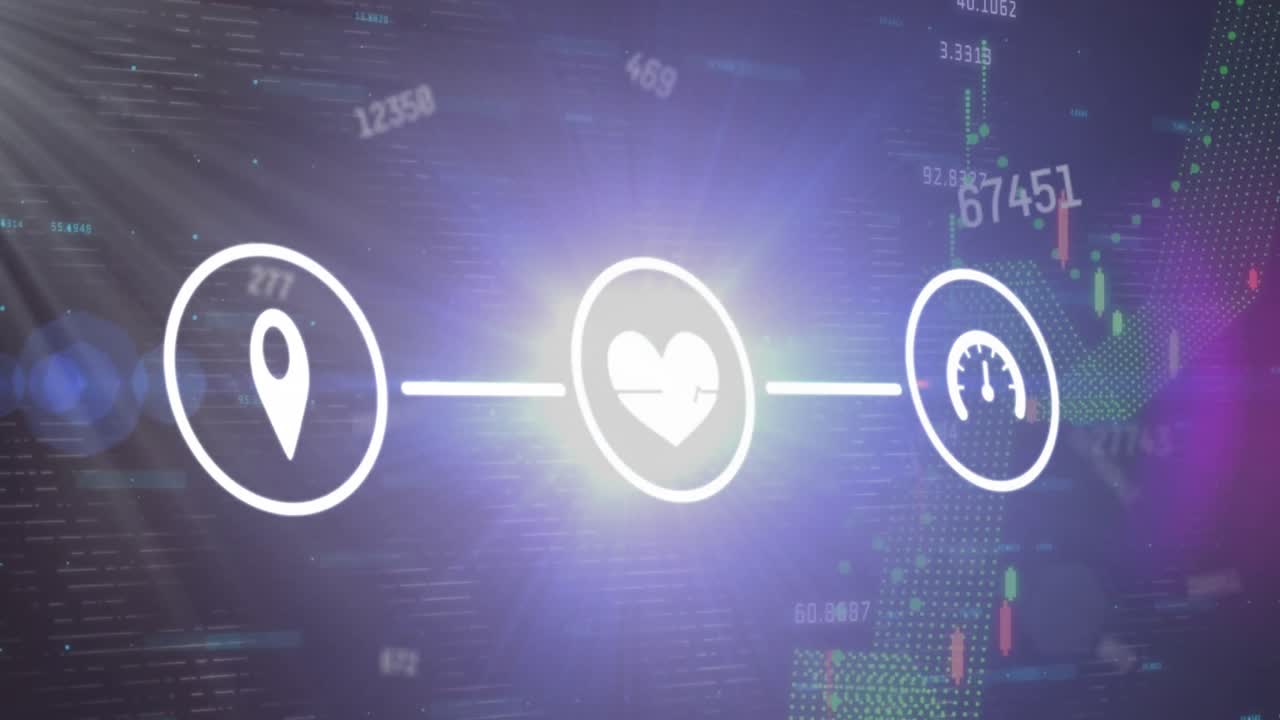 Animation of changing numbers, network of digital icons, light spot and financial data processing
