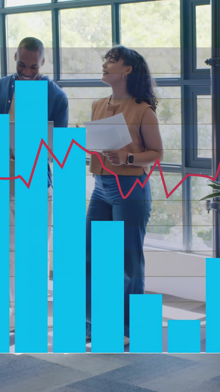 Vertical video: Woman holding docs, man with laptop in business animated chart receding for review