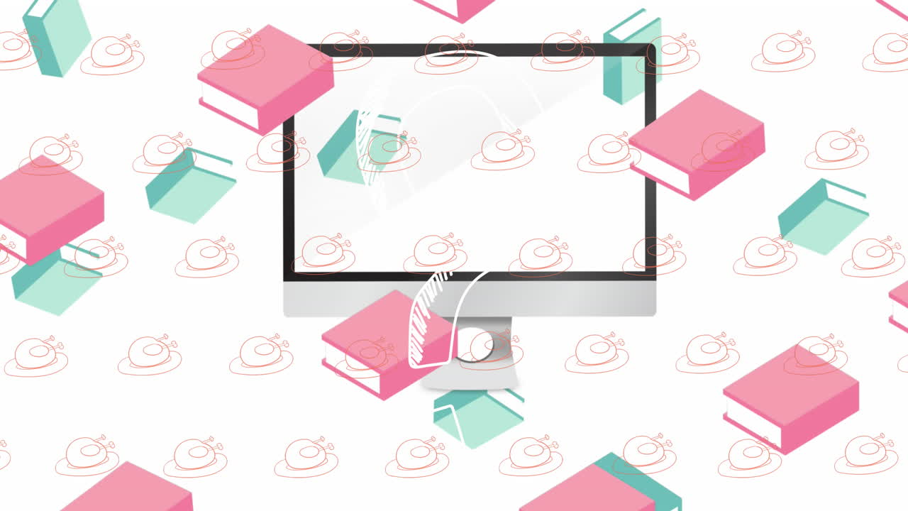 Animation of question mark and computer over books and chicken icons