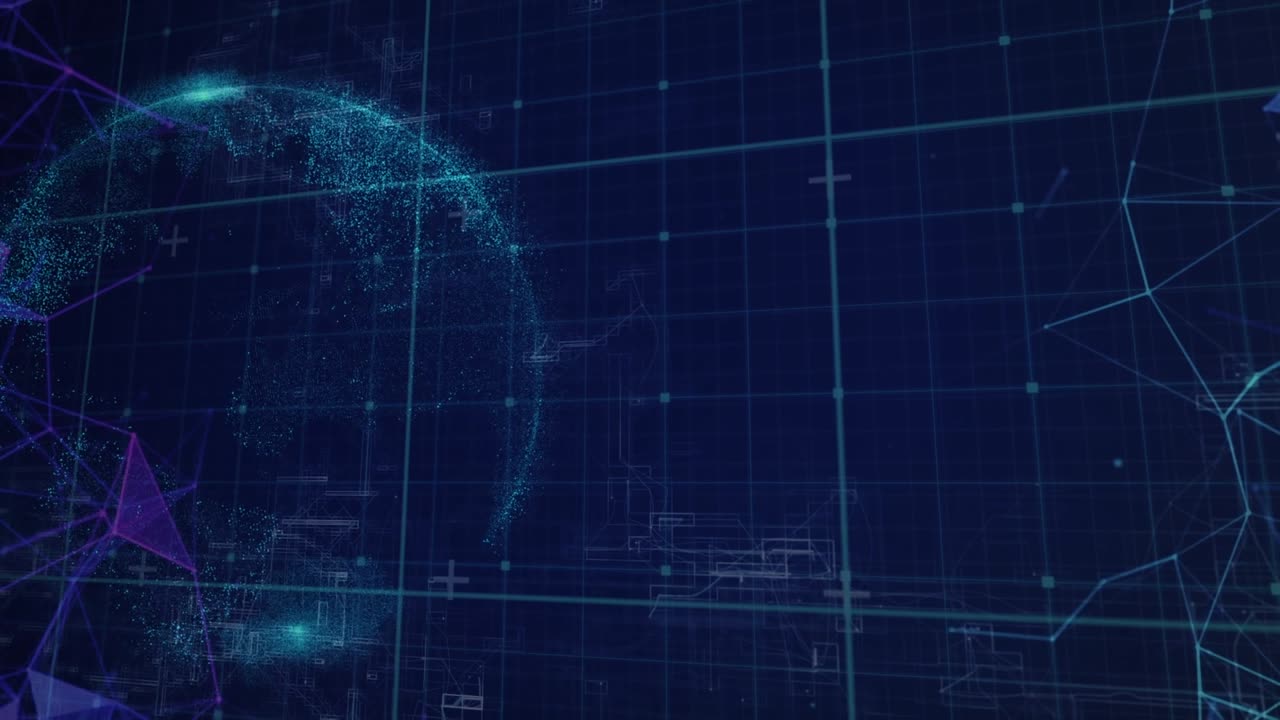 Animation of globe with data processing and network of connections over black background