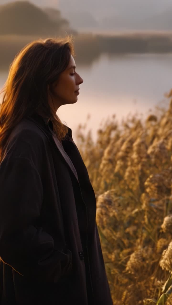 Un momento sereno in riva all'acqua: catturare la tranquillità nella natura con una donna che contempla la vita tra erba dorata e acque riflettenti al tramonto