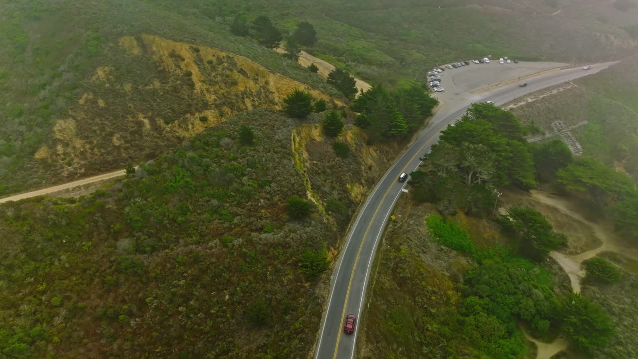 Drone Fly over Cabrillo Highway, CA. Aerial view of McNee Ranch State Park