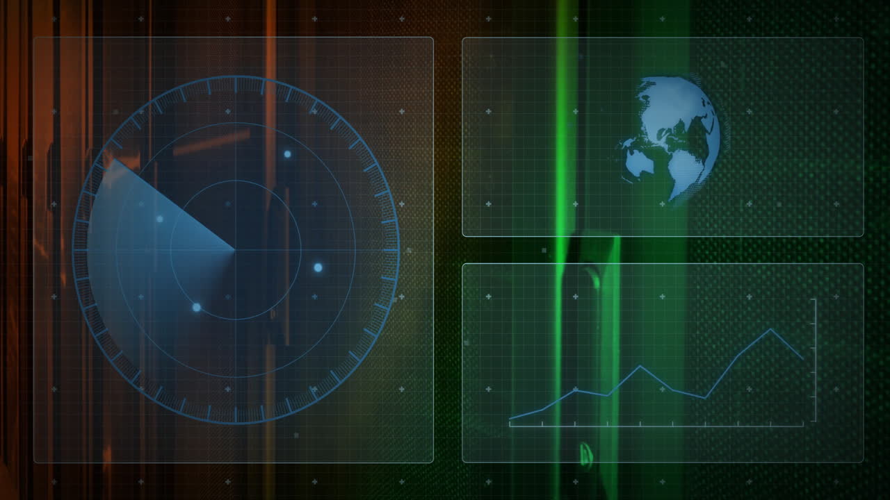 Animation of radar screen and world map with data graphs on digital interface