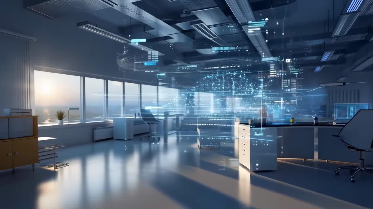 Futuristic High-Tech Office with Holographic Data Interface