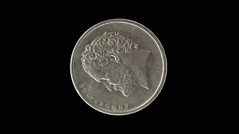 greece 1976 10 drachma coin obverse with left-facing portrait of democritus rotating on black background