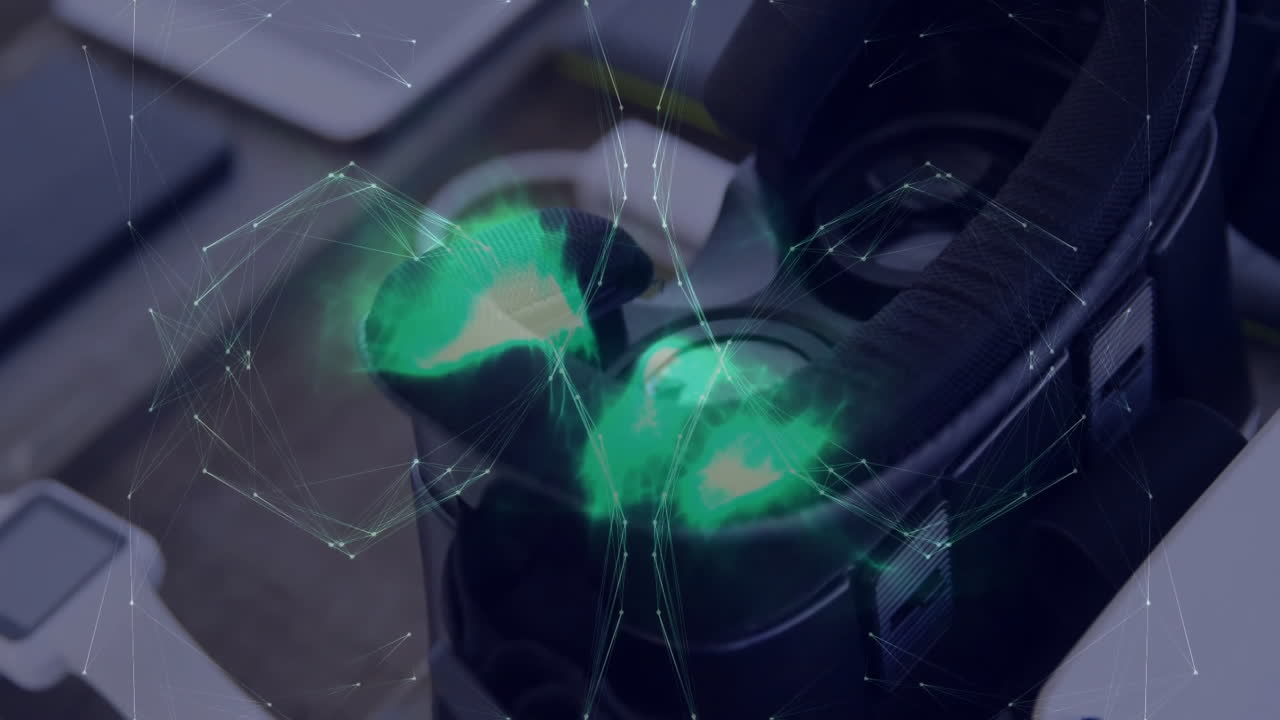 Animation of virtual reality headset with glowing green digital network overlay