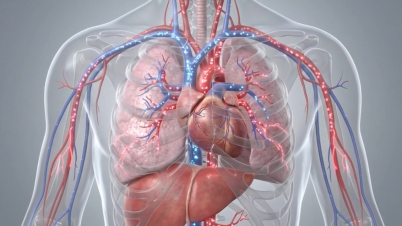 Torace umano trasparente angolato lateralmente che mostra cuore, polmoni e anatomia circolatoria
