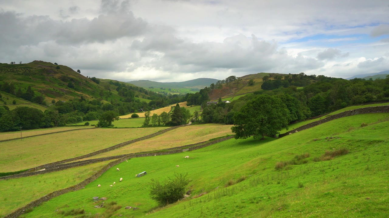 Campi del Lakeland e vista sulle montagne