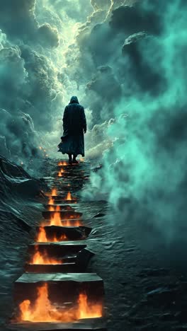 mysterious figure journeys through fiery path surrounded by clouds