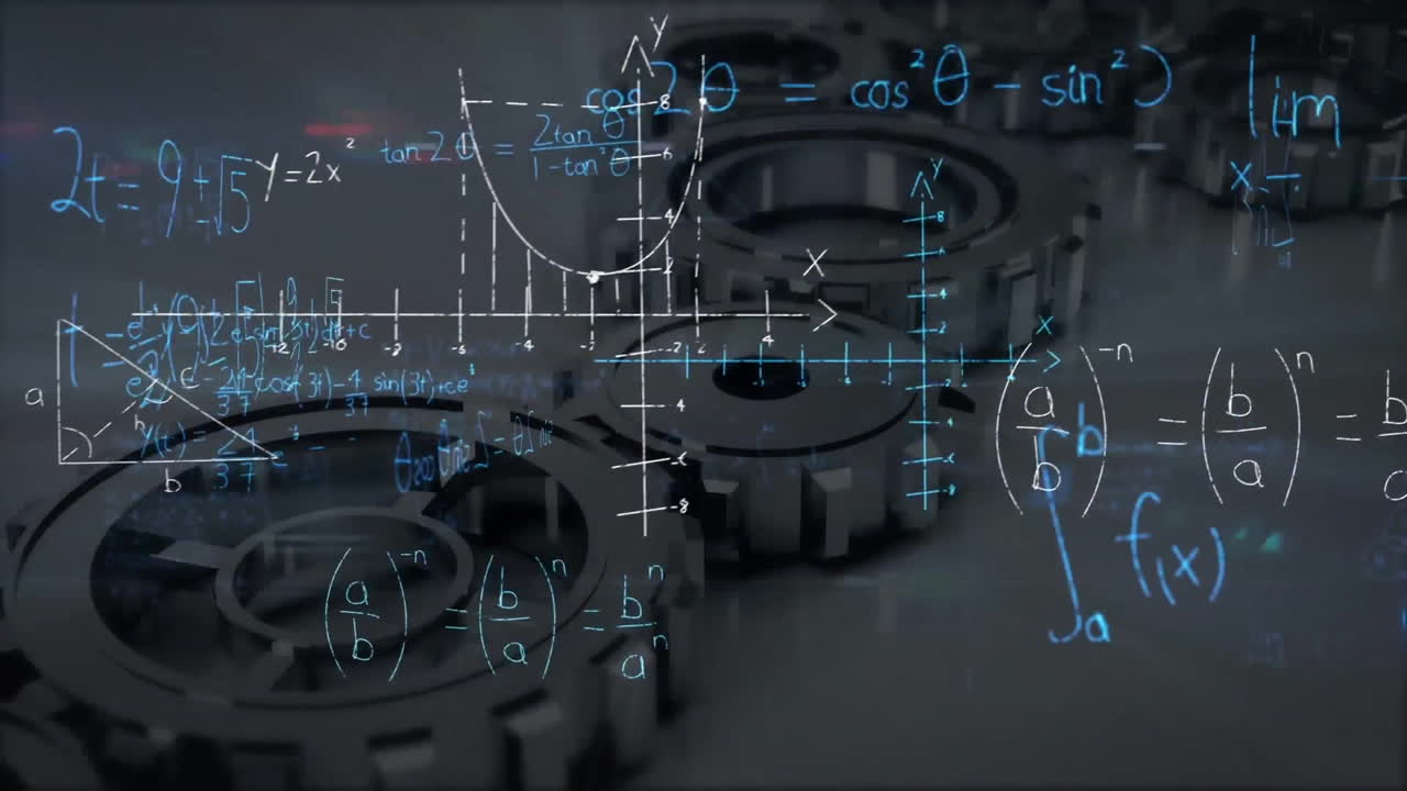 animación de ecuaciones matemáticas y diagramas sobre engranajes mecánicos en movimiento en la mesa