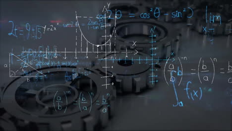 animation of mathematical equations and diagrams over moving mechanical gears on table