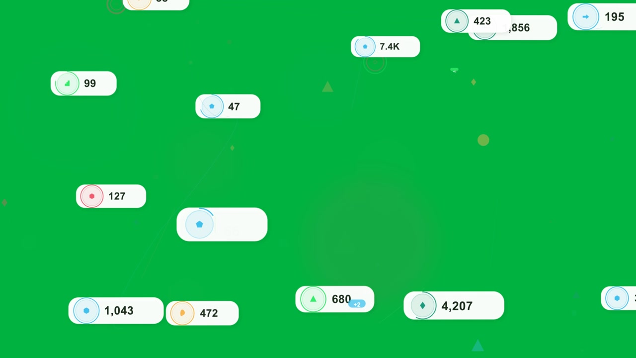 Video verticale: Inizia con un disco verde che appare, nodi e badge che scorrono, aggiornando le metriche dei dati.