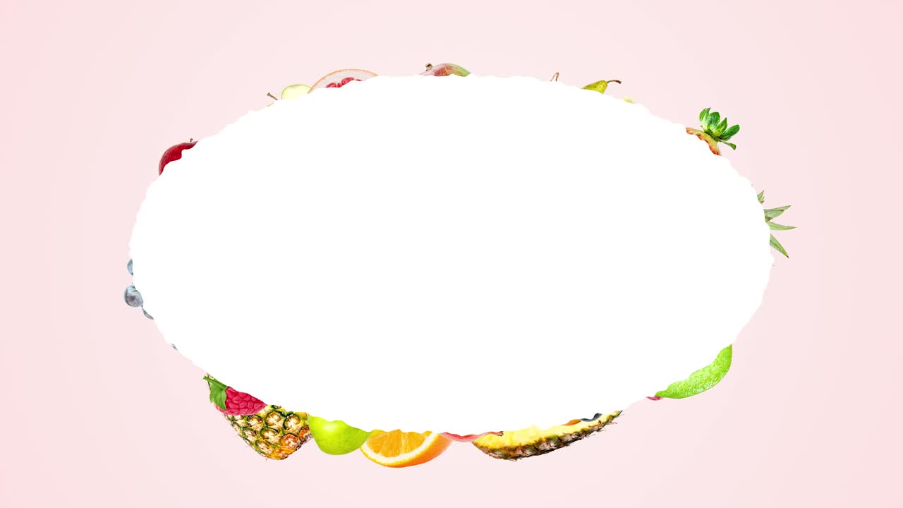 animación creativa de stop motion de muchas frutas diferentes que vuelan desde el centro y se detienen alrededor de un hermoso marco ovalado con lugar para el texto. explosión de frutas en un fondo rosa suave de verano.