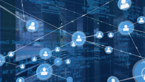 animation of network of connections with icons and data processing over city street