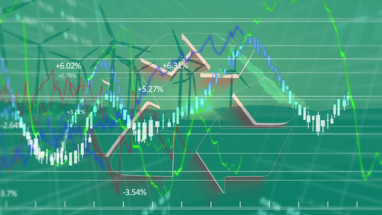 풍력 터빈 회전 애니메이션, 재활용 표지판 및 증권 거래소 그래프 증가
