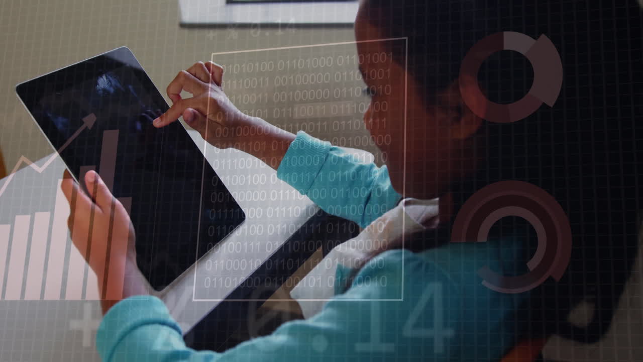 Interacting with tablet, child overlaid with financial data and binary code animation