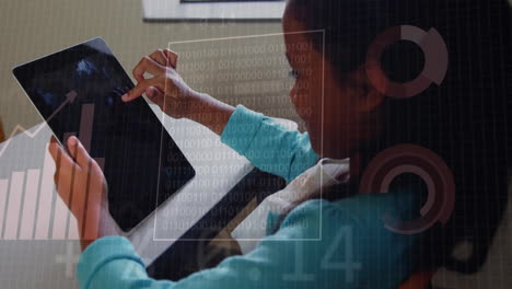 interacting with tablet, child overlaid with financial data and binary code animation