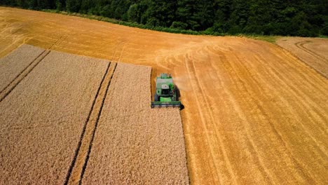 Luftaufnahme-Eines-Mähdreschers,-Der-Das-Getreide-In-Einem-Ackerland-Schneidet