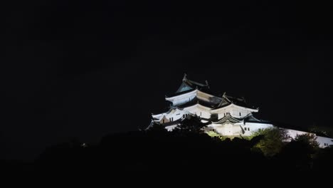 Wakayama-Castle-at-night,-illuminated-with-dark-background