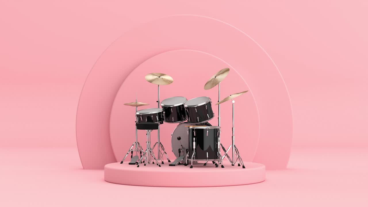 Video độ phân giải 4K: Bộ trống rock màu đen chuyên nghiệp xoay trên bục trưng bày sản phẩm hình trụ màu hồng trên nền hồng, hoạt ảnh lặp